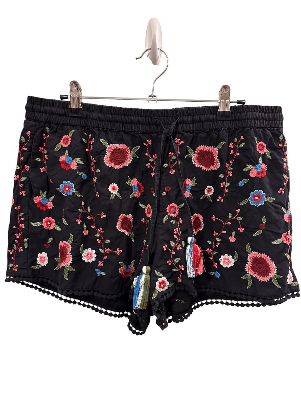 Zara Black Shorts with Pink & Green Floral Embroidery